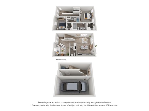 a stylized floor plan of a 3 bedroom apartment